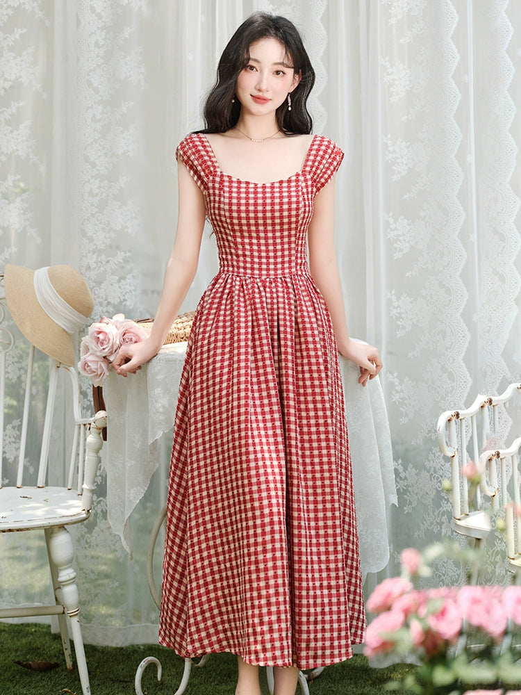 retro red plaid dress women's summer new design sense niche waist and thin sleeveless vest skirt