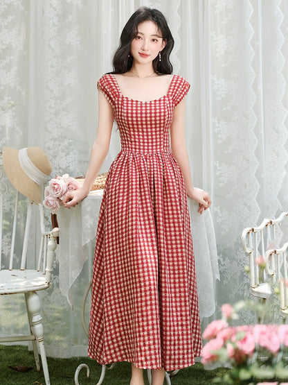 retro red plaid dress women's summer new design sense niche waist and thin sleeveless vest skirt