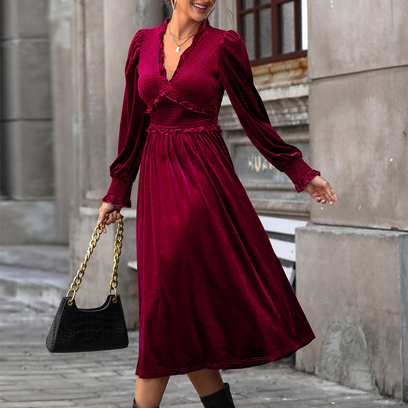 LOVEVOP 2025 foreign trade explosion burgundy velvet dress temperament elegant long dress wooden ear edge collection design skirt