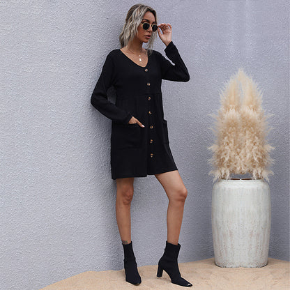 LOVEVOP New popular autumn and winter Popular and 2025 loose long-sleeved slim-fitting solid color v-neck knitted sweater dress women