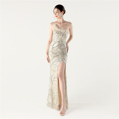 33328 #2025 new sequined evening dress heavy industry stapled beads oblique collar shoulder high split evening dress