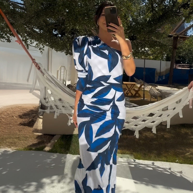 LOVEVOP 2025 cross-border women's clothing Hot summer new trend printing diagonal neck bubble sleeve fashion split-ended long dress