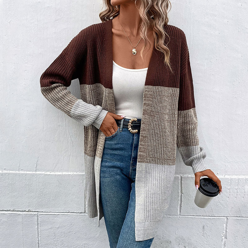 LOVEVOP 2025 knitted jacket Hot autumn and winter new design contrast color medium and long sweater cardigan women