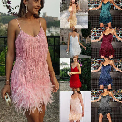 2025 Fashion Tassel Sequins, Multi-Colored Birthday Party, Sexy V-Neck Suspender Feather Patchwork Dress