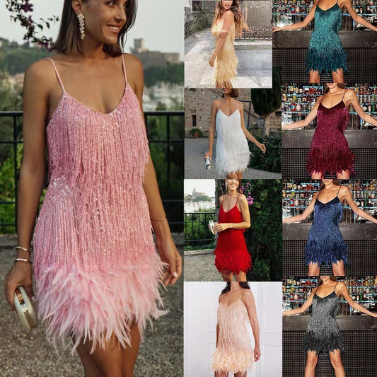 2025 Fashion Tassel Sequins, Multi-Colored Birthday Party, Sexy V-Neck Suspender Feather Patchwork Dress