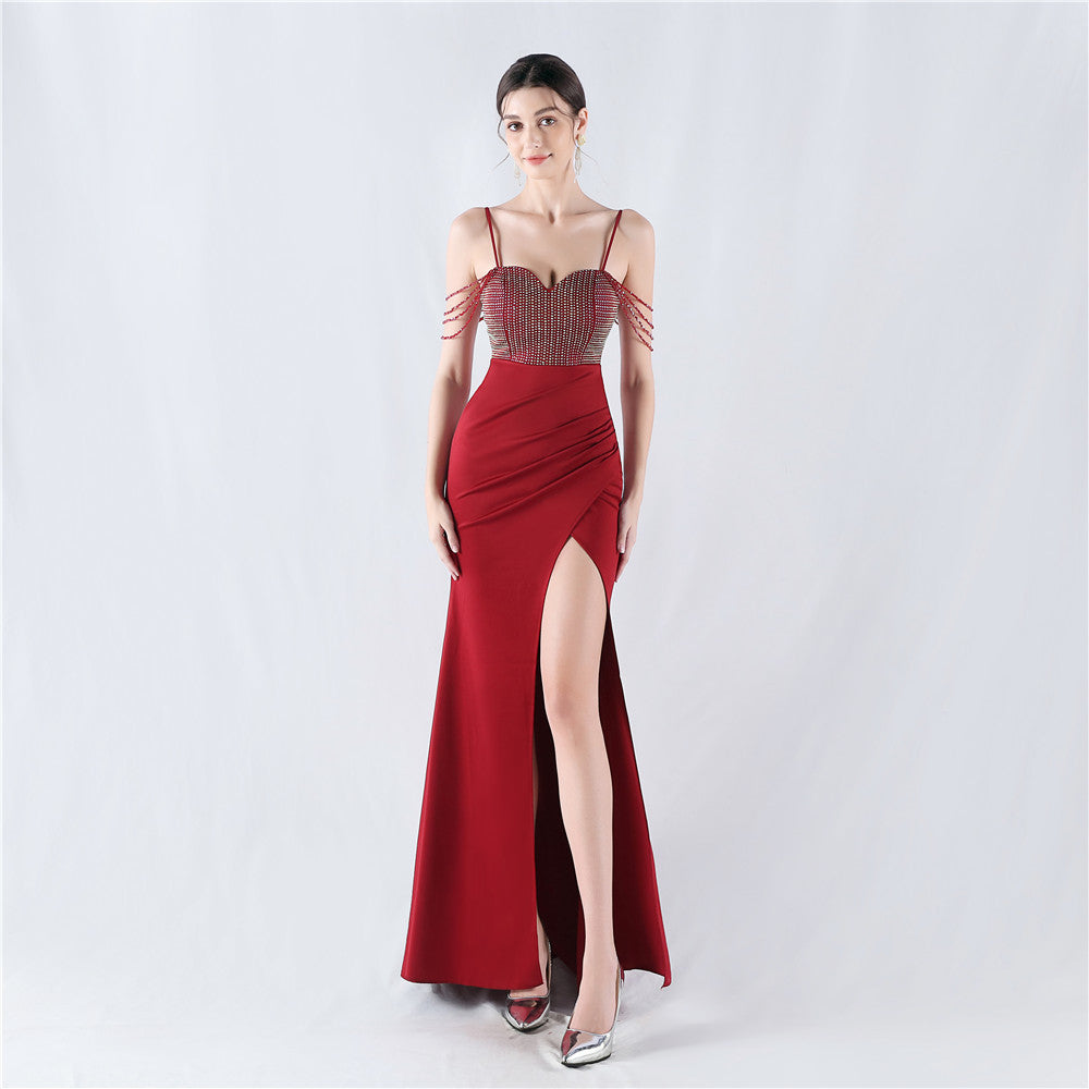 33022 #Popular trade new hot diamond beads high fork satin sexy suspender evening dress