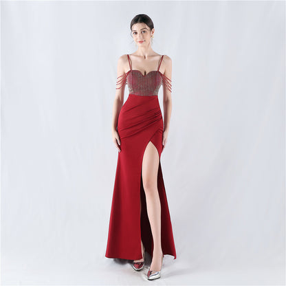 33022 #Popular trade new hot diamond beads high fork satin sexy suspender evening dress