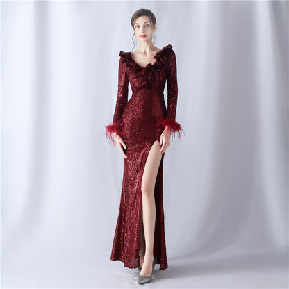 31561 #ostrich hair craft wave beads decoration Popular trade new popular high-end evening dress