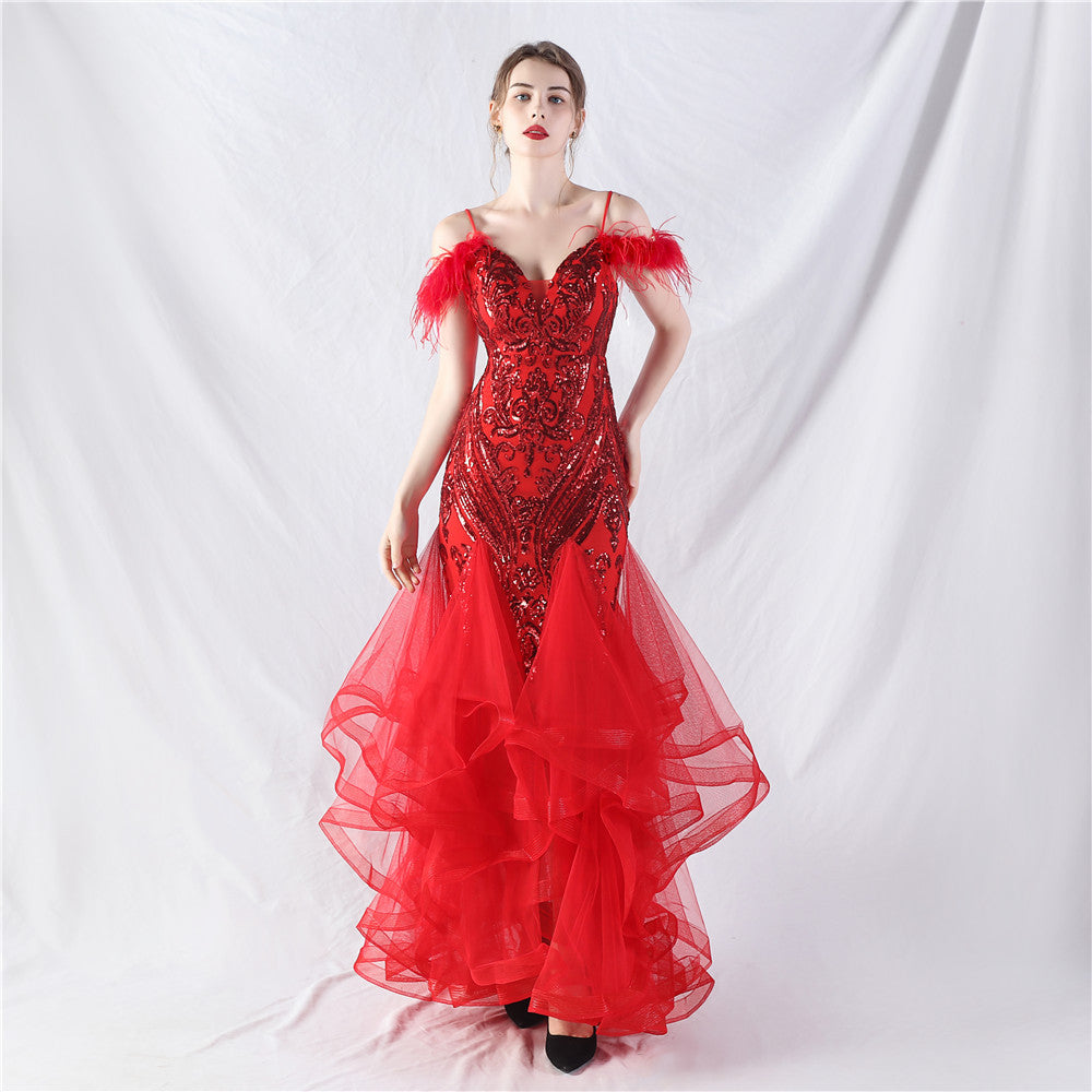 31983 #New craft order ostrich hair hard mesh positioning flower beads splicing mesh yarn dance performance dress skirt
