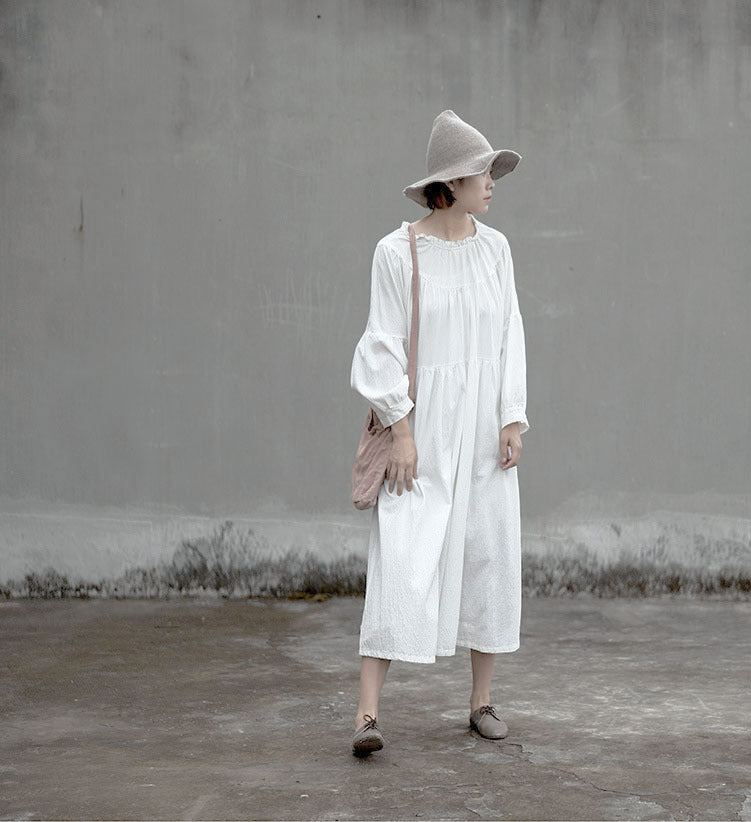 spring and autumn white lace collar, simple and elegant women's lantern sleeves, atmospheric and comfortable dress