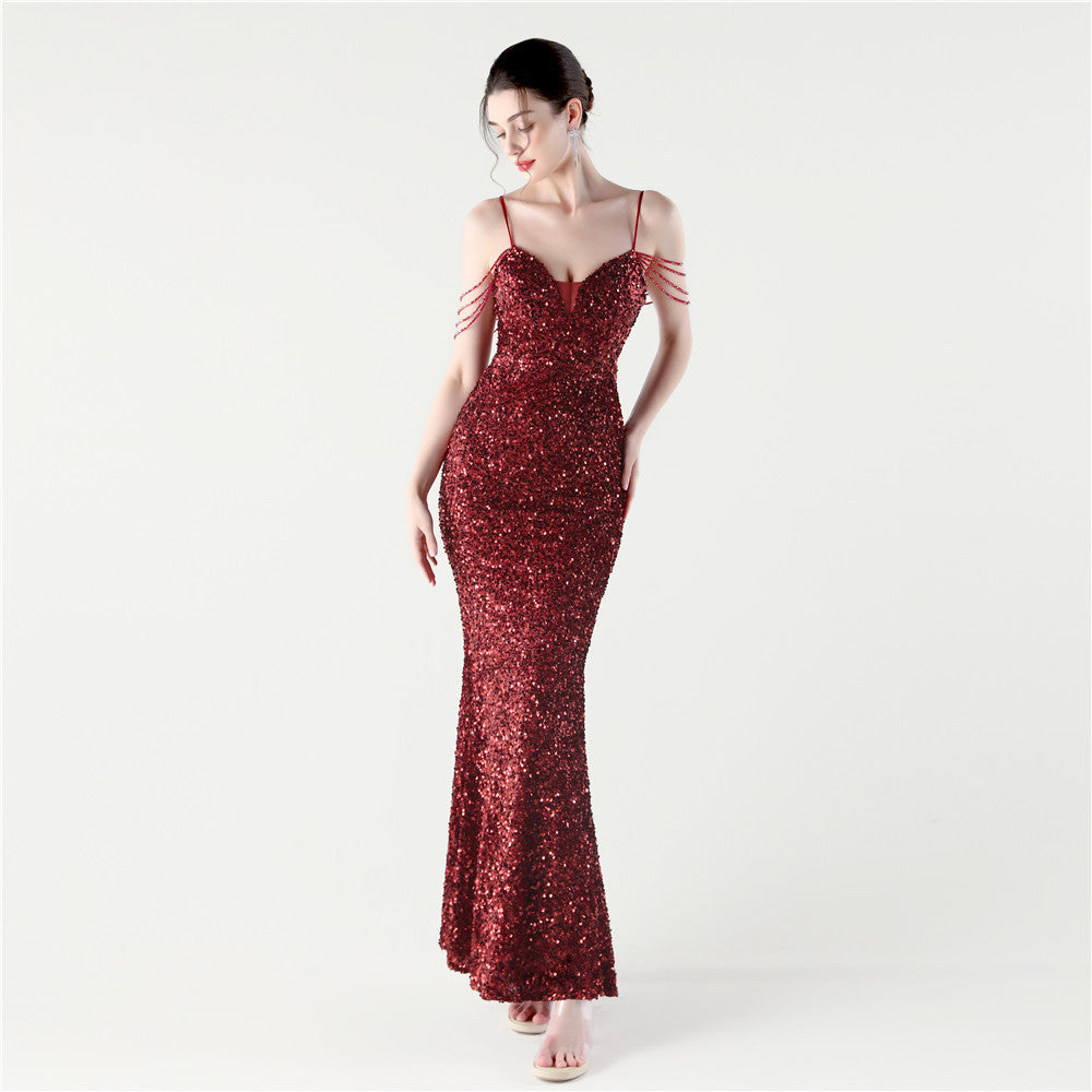 33313 #2025 New sequined beaded party wedding dinner suspender slim-fitting long evening dress