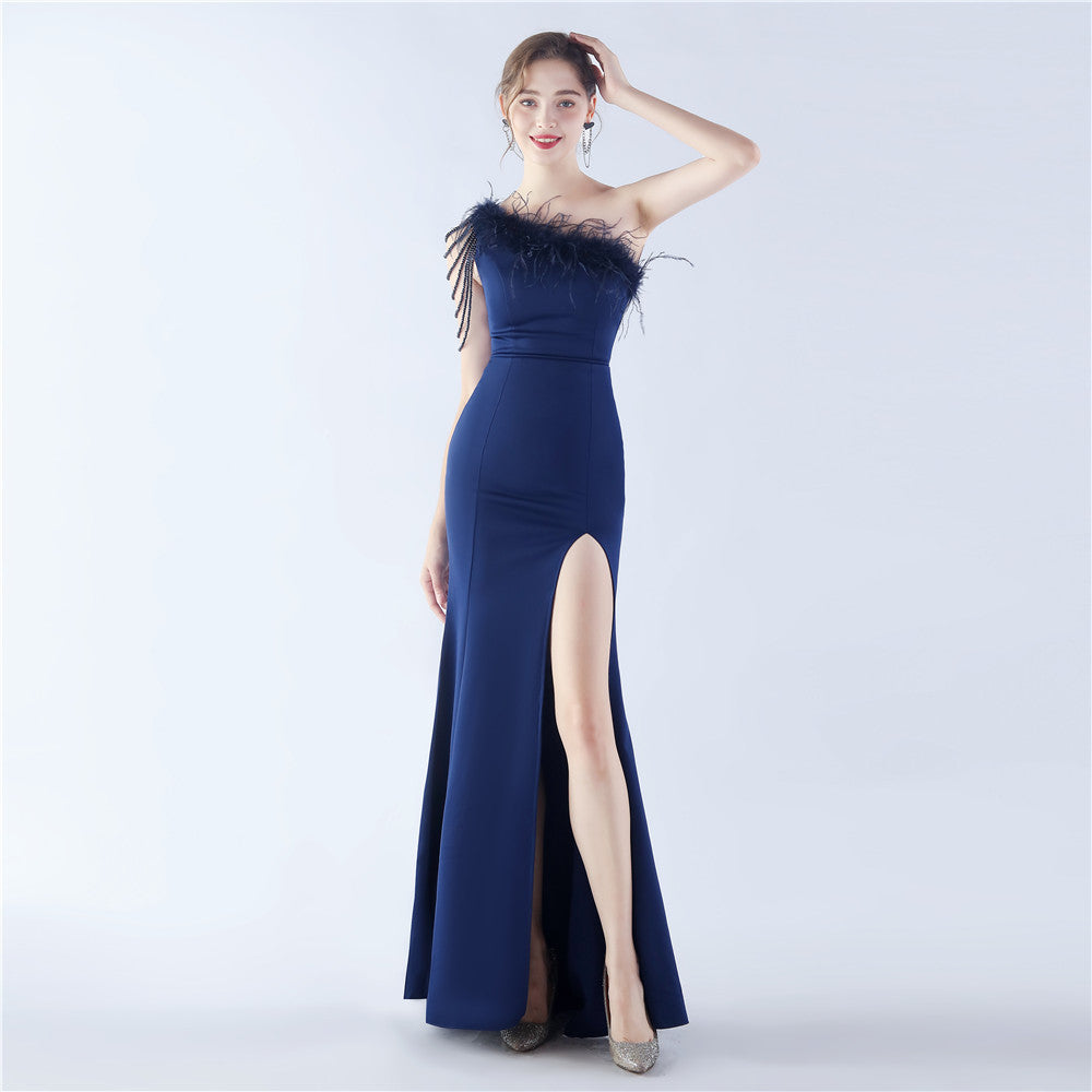 31367 #Hot trade new popular craft beaded ostrich hair satin long evening dress