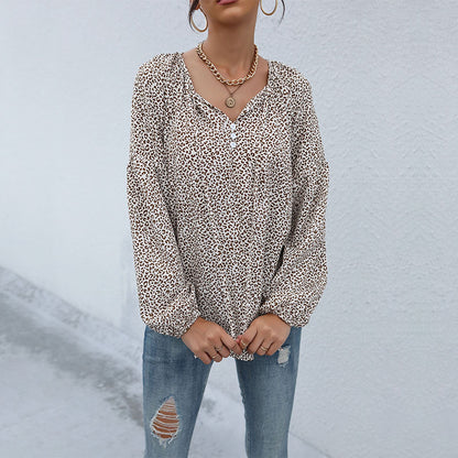 LOVEVOP New popular women's top long-sleeved v-neck shirt drawstring pullover leopard print strap shirt autumn models