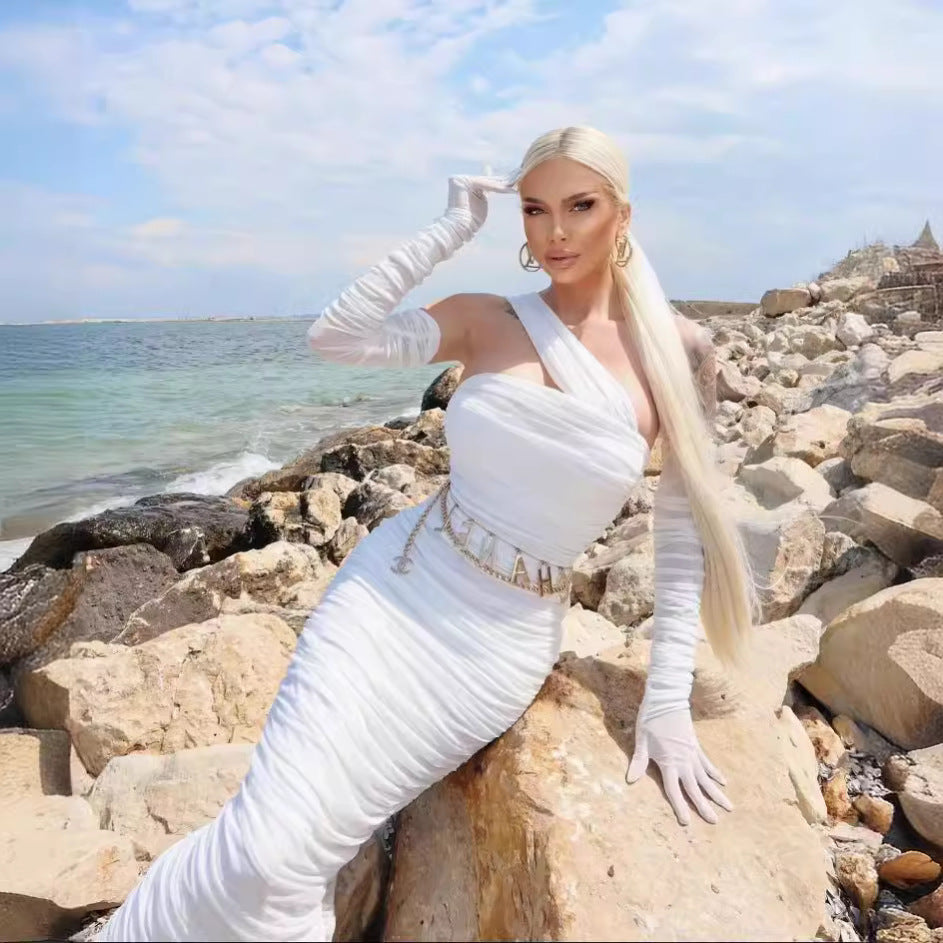 LOVEVOP Summer new slim-fitting white gloves mesh streamer dress  women's clothing neck dress vacation style skirt