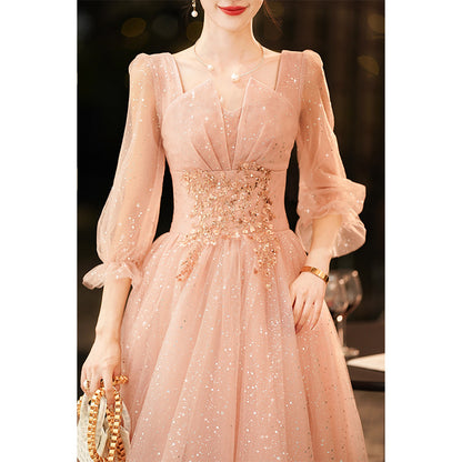 Pink evening dress women's 2025 new banquet temperament socialite  evening dress host dignified atmospheric dress