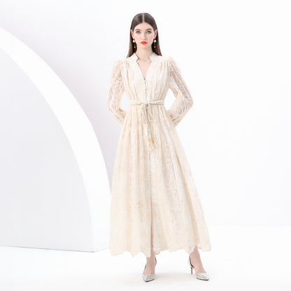 style elegant V-neck single-breasted heavy industry crochet embroidery lantern sleeve lace-up waist pendulum long dress