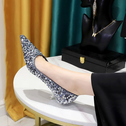 2025 237-21 Korean version of the new fashion temperament banquet sparkling sequined women's shoes mid-heel shallow mouth pointed head sparkling single shoes
