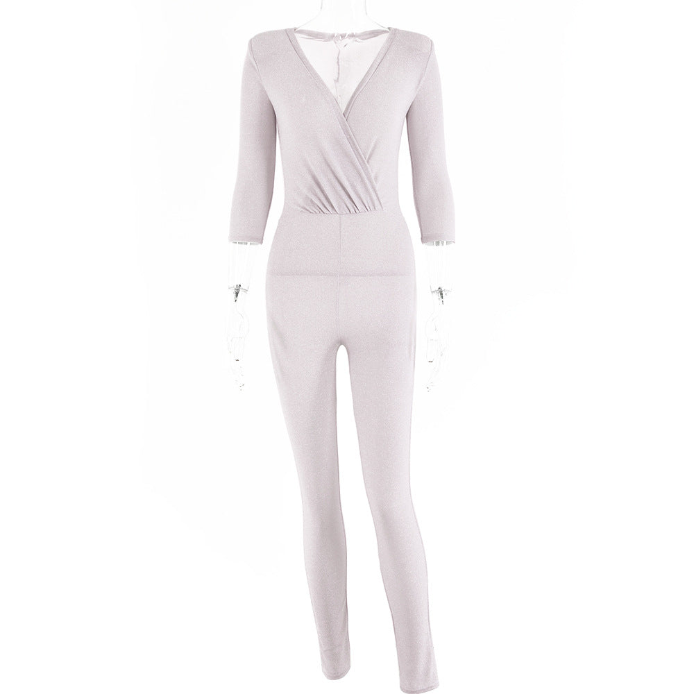 2025 women's clothing spring and autumn new sexy tops New Popular trade deep V-neck chest-wrapped shoulder pads half-sleeved bright silk jumpsuits