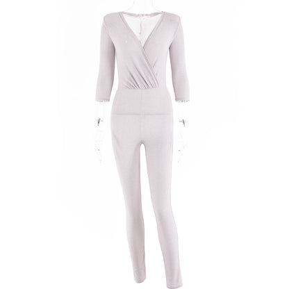 2025 women's clothing spring and autumn new sexy tops New Popular trade deep V-neck chest-wrapped shoulder pads half-sleeved bright silk jumpsuits