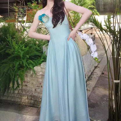 2025 Mint soda blue-green pendulum temperament dress fairy suspender long dress popular new seaside vacation