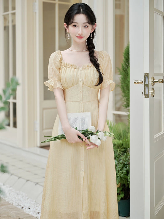 Summer great-looking skirt romantic  bubble sleeve yellow dress women's summer waist slim A-shaped dress