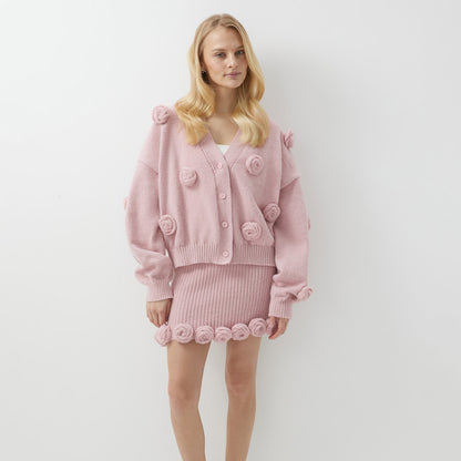 Hot trade New flower gentle temperament knitted sweater women's  niche temperament  flower skirt set