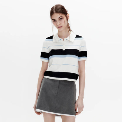 knitted POLO neck T-shirt women's  summer thin lapel collar Popular style design sense niche T-shirt top women's new