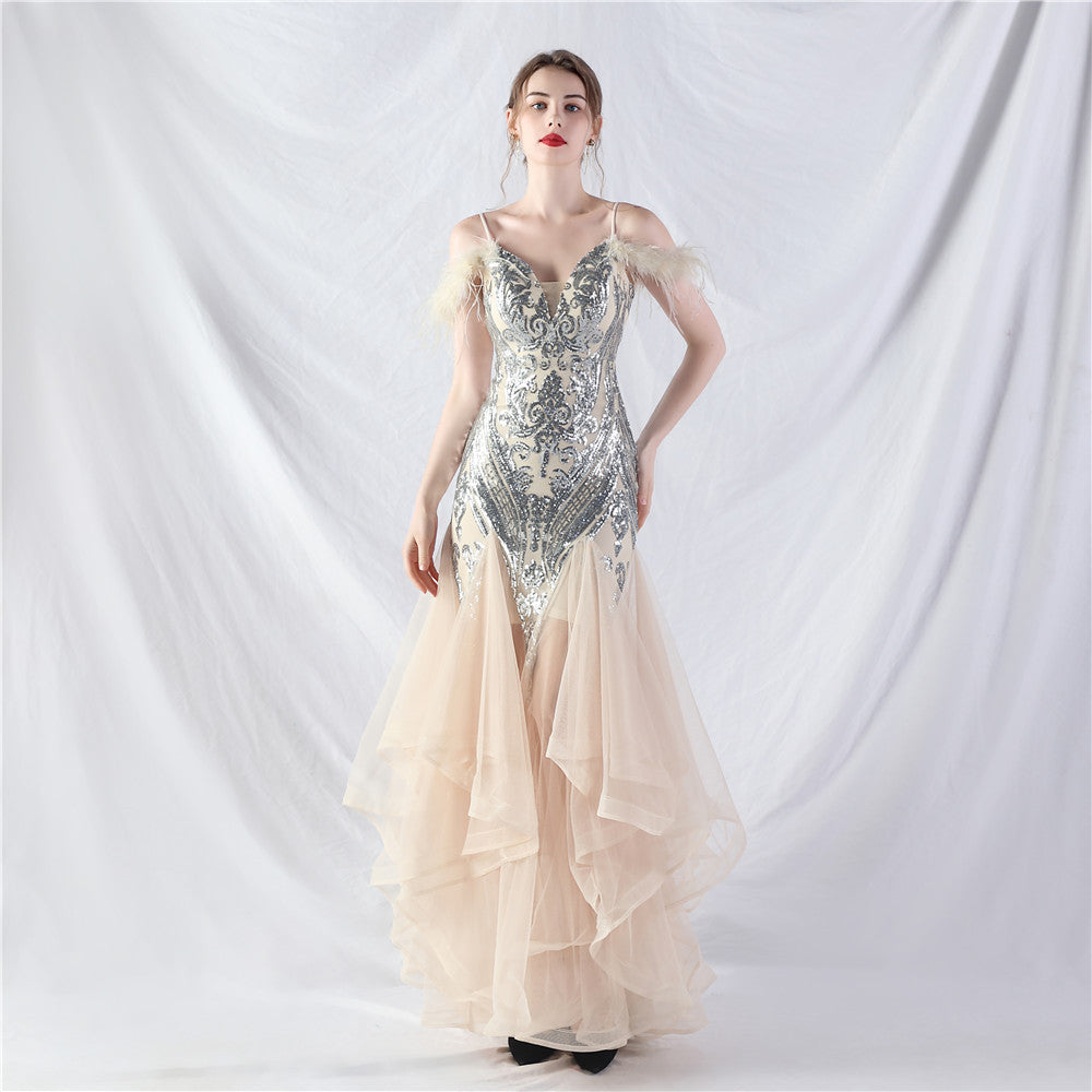31983 #New craft order ostrich hair hard mesh positioning flower beads splicing mesh yarn dance performance dress skirt