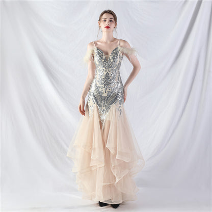 31983 #New craft order ostrich hair hard mesh positioning flower beads splicing mesh yarn dance performance dress skirt