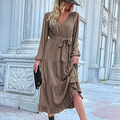 LOVEVOP Hot autumn and winter new  independent station cross-border 2025 foreign trade women's long-sleeved pleated splicing dress