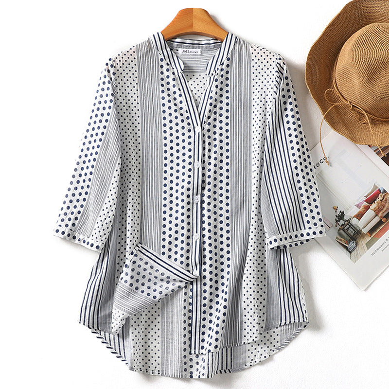 Summer new ethnic style printing seven-quarter-sleeved cotton and linen shirt V-neck slightly transparent temperament simple and ultra-thin women's shirt