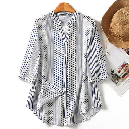 Summer new ethnic style printing seven-quarter-sleeved cotton and linen shirt V-neck slightly transparent temperament simple and ultra-thin women's shirt