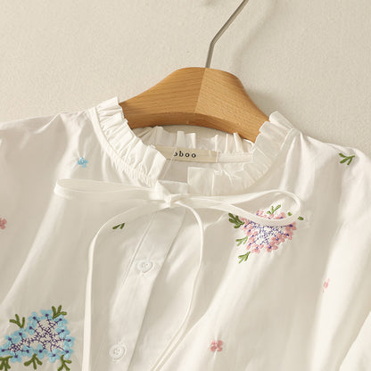 summer new literary and retro heavy industry embroidered flower short-sleeved shirt versatile lace collar lace-up shirt