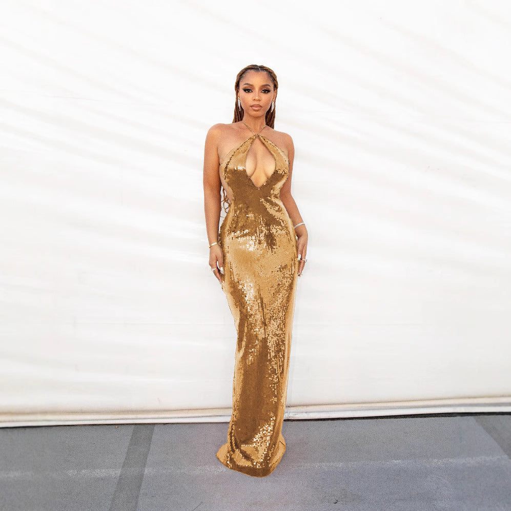 LOVEVOP 2023 summer Popular trade high-end new nightclub hollow neck halter beads long  women's dress