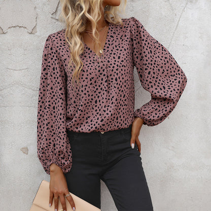 LOVEVOP Cross-border  popular spring and summer Popular trade 2025 commuter tops long-sleeved V-neck leopard print design shirts women