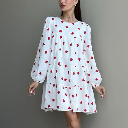 2025 fashion versatile crew neck dress women's  autumn bubble sleeve sleeve A-shaped skirt loose casual printing