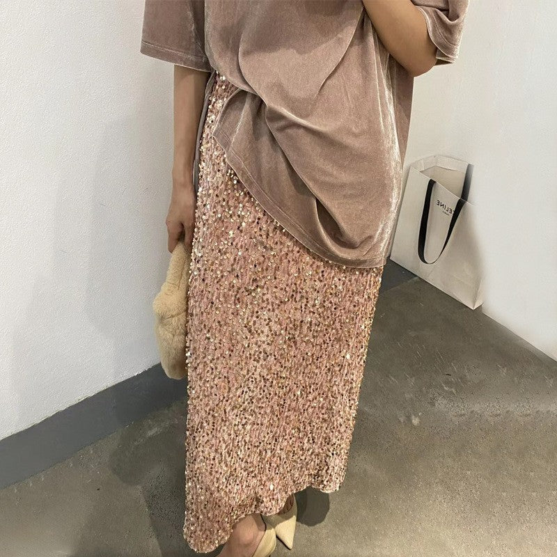 2025 2025 new fashionable high-waisted and thin sequined skirt women's elastic waist back split elastic straight skirt