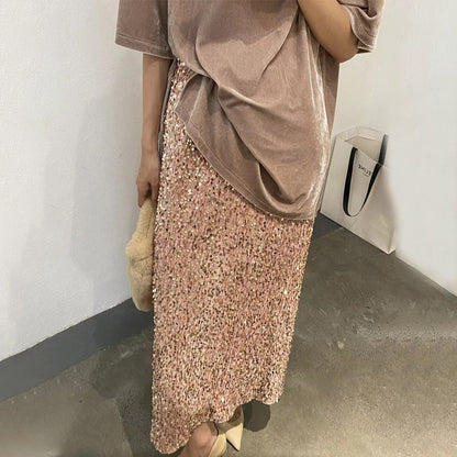 2025 2025 new fashionable high-waisted and thin sequined skirt women's elastic waist back split elastic straight skirt