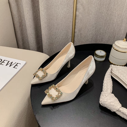 2025 775-9 Rhinestone Square Buckle Xiuhe Shoes Bridesmaid Bride Red Wedding Shoes Women's Pointed Thin Heel Banquet High Heels 7CM