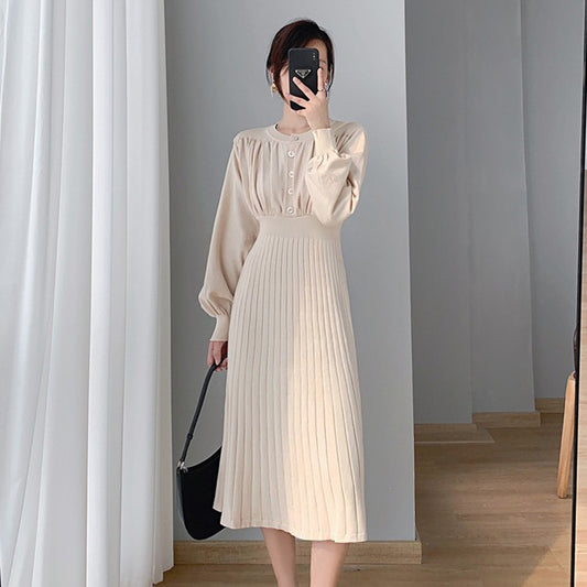 2025 Autumn and winter 2025 new Korean version medium and long knee sweater skirt, lantern sleeves waist and knitted dress women
