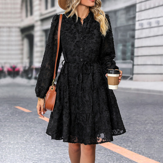 LOVEVOP New Hot Trade Black Skirt Hot Autumn New 2025 Jacquard Long Sleeve Cross-border Dress