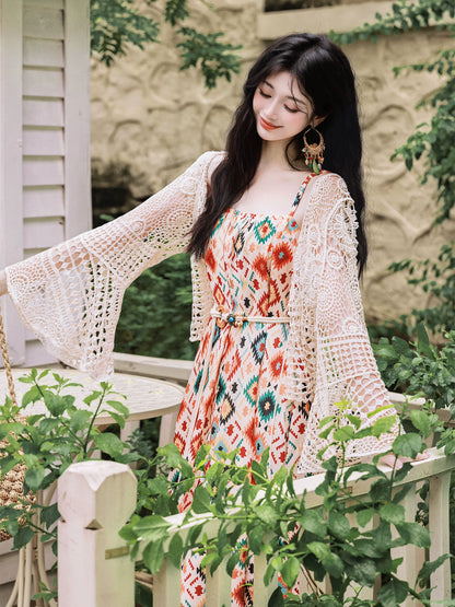 South  seaside vacation floral suspender dress women's summer loose long dress with hollow crochet jacket two-piece set
