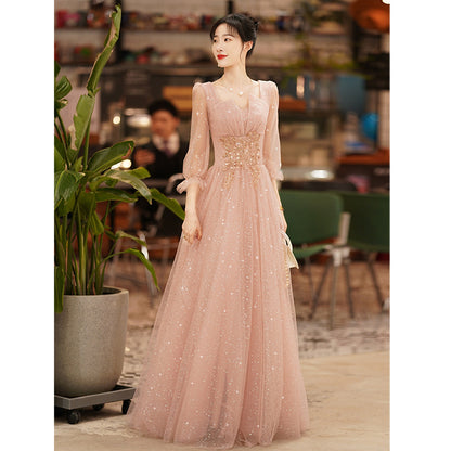 Pink evening dress women's 2025 new banquet temperament socialite  evening dress host dignified atmospheric dress