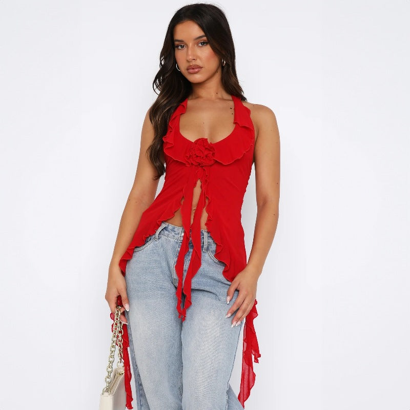 LOVEVOP Europe and the United States cross-border Hot summer new mesh yarn streamer hanging neck thin belt sexy small vest foreign trade wholesale women's clothing