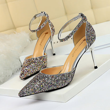2025 283-A1  sexy nightclub women's shoes high heel shallow mouth pointed metal thin heel with sequined hollow sandals