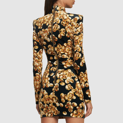 LOVEVOP popular  Gold Velvet Printed  Long Sleeve Slim Dress Autumn and Winter New Retro Bottom Women's Clothing