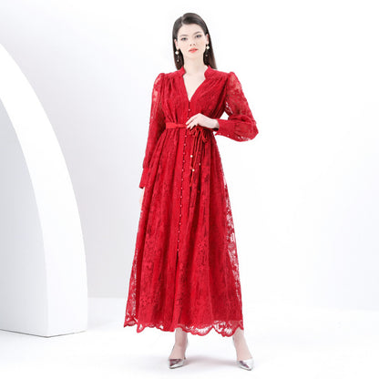 style elegant V-neck single-breasted heavy industry crochet embroidery lantern sleeve lace-up waist pendulum long dress