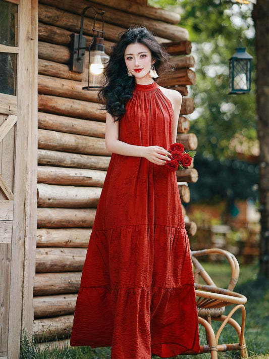 Yunnan and Xinjiang travel wear great-looking  vacation desert red skirt red neck dress with shawl