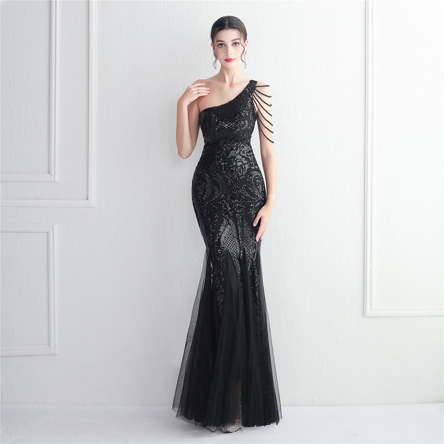 19620 #bead mesh yarn craft beads celebrity party evening dress sexy long and thin toast dress new