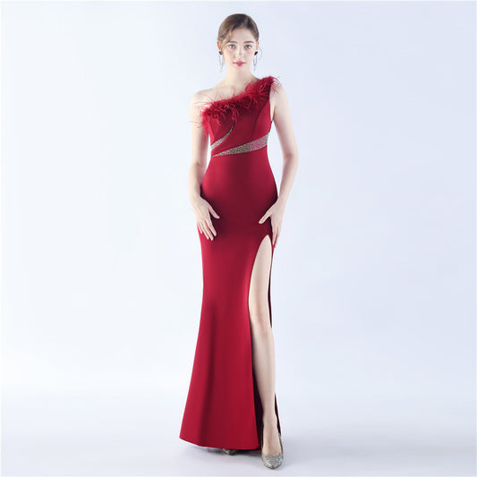 31331 #Hot trade new popular shoulder craft order ostrich hair hot diamond high-end evening dress